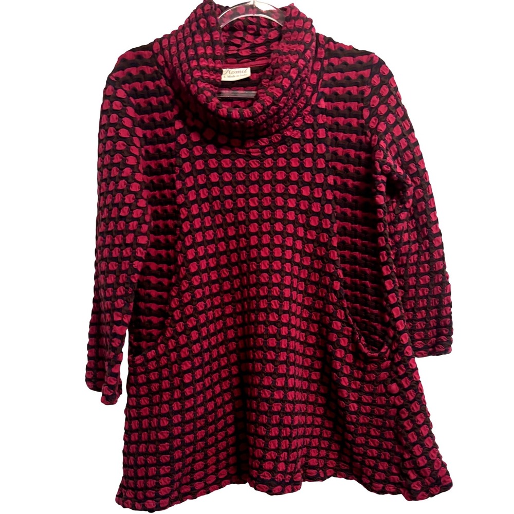 Komil Womens Magenta Brown Bubble Texture Cowl Neck Tunic Top with Pockets Large